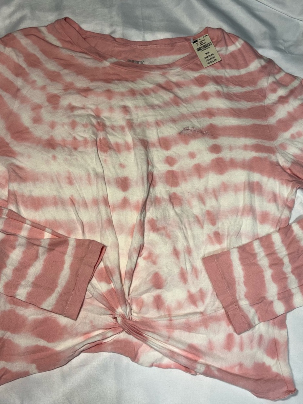 Victoria’s Secret PINK Tie Dye Crop Tie Knot Long Sleeve Shirt M Pink White NWT
